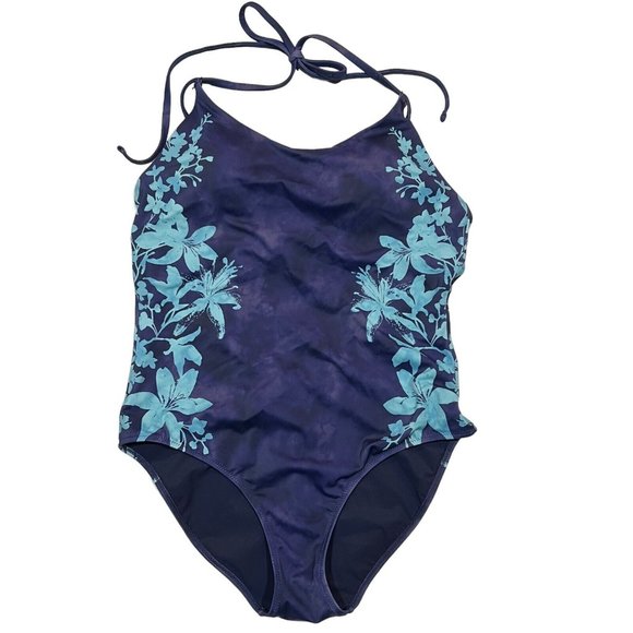 NWT ATHLETA Keyhole Printed One Piece A-C Swimsuit Sz MP Blue Floral